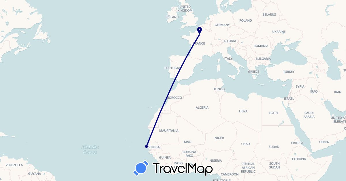 TravelMap itinerary: driving, plane in France, Senegal (Africa, Europe)